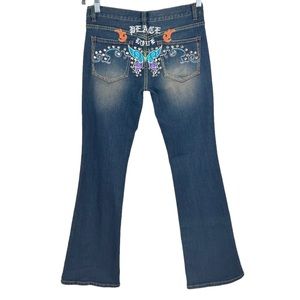 Y2K Joy Jeans Peace Love Butterfly Embroidered Flare Leg Jeans Size 9